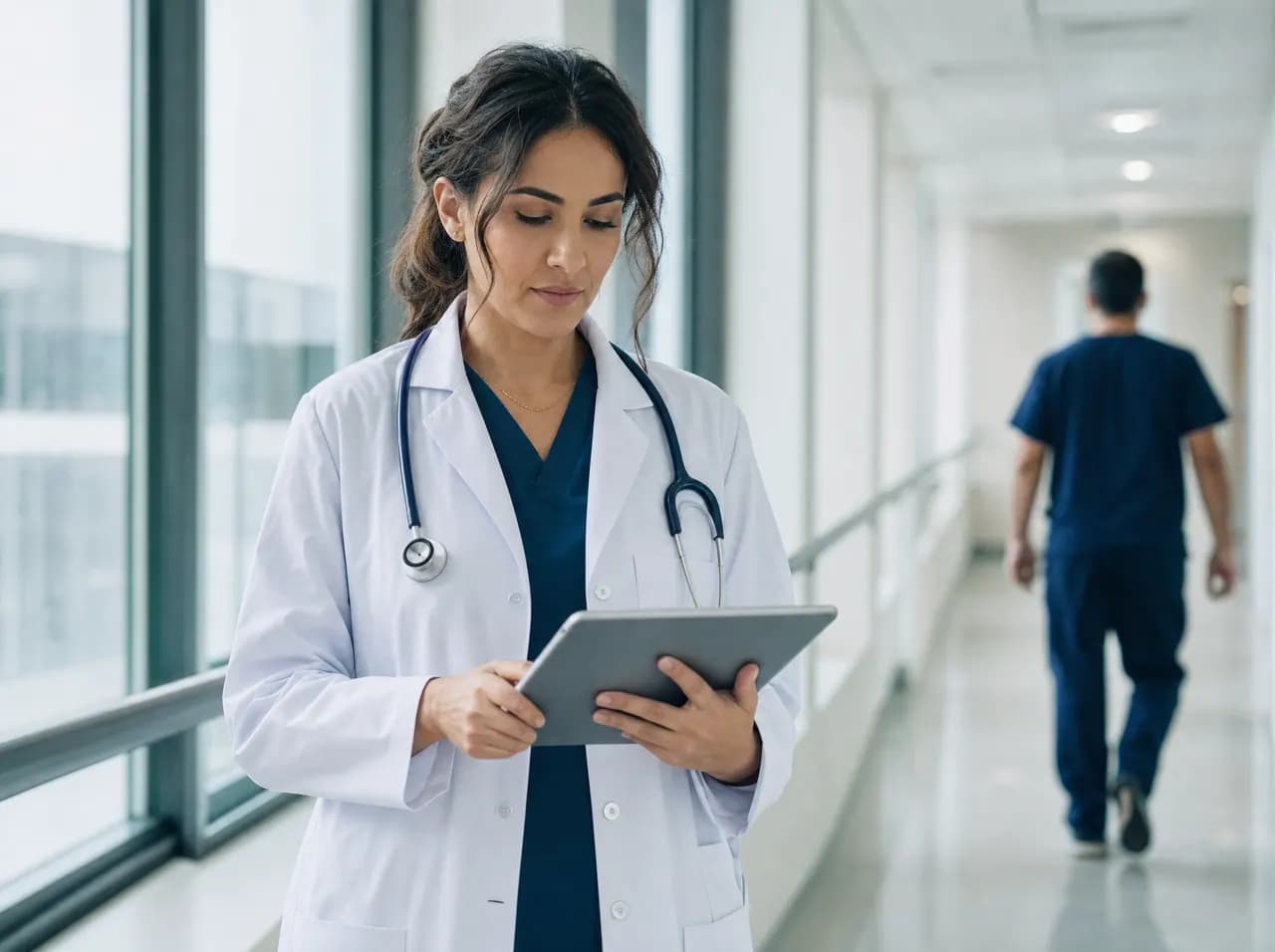 A resident physician reviewing a case on a tablet in a hospital corridor