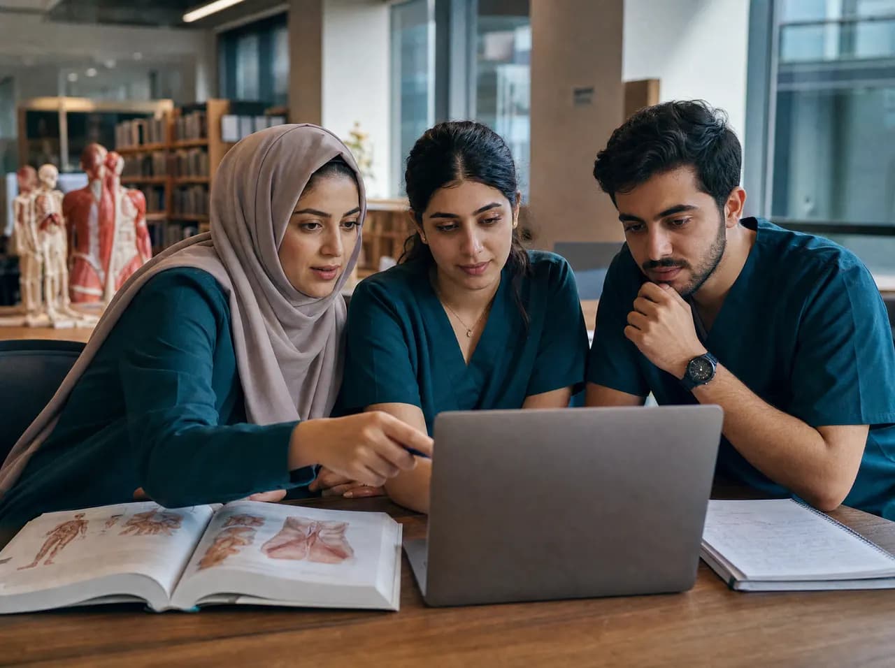 Three medical students discussing a clinical case around a laptop